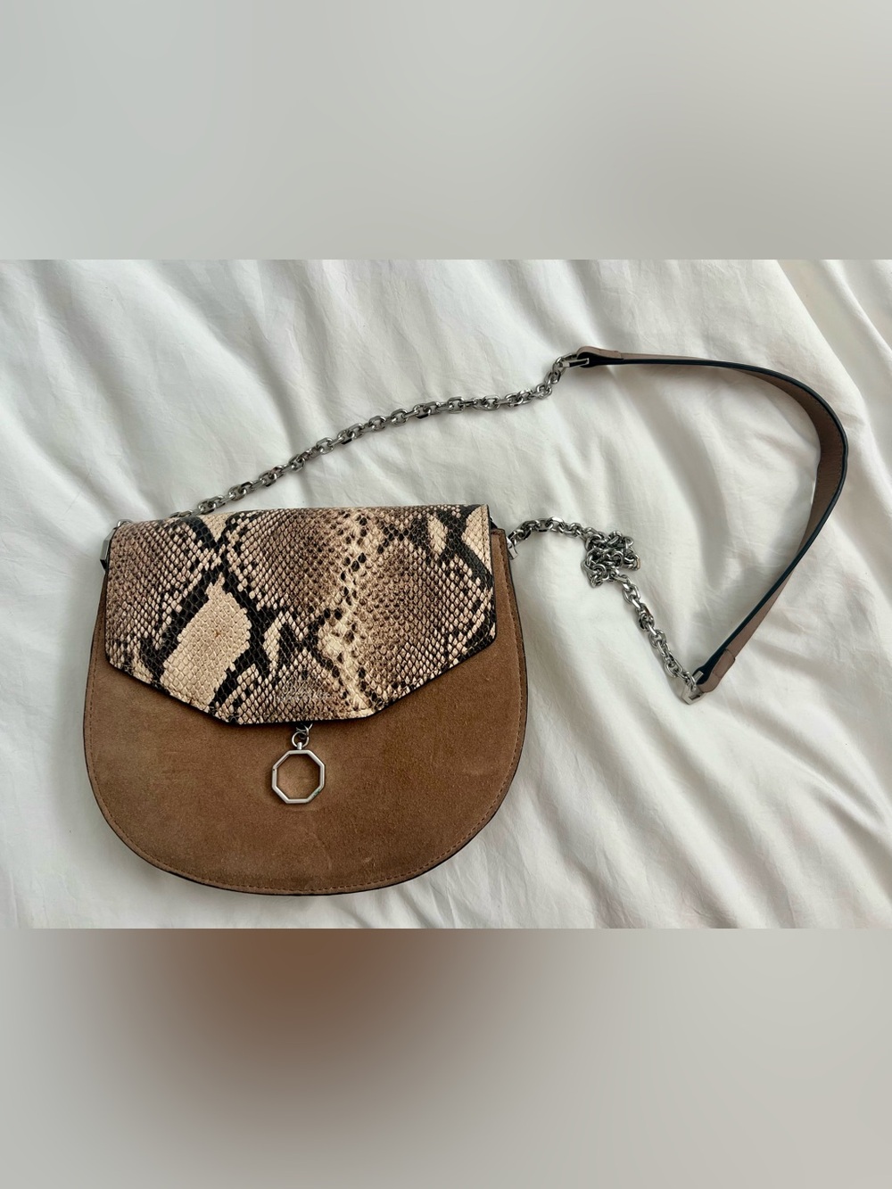 Louise et Cie Suede Crossbody Bag with Snake-Print Flap - Brown